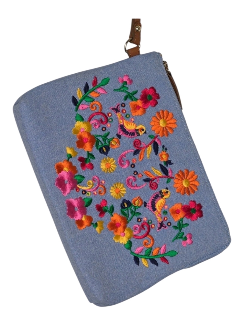 Talbots Medium Colorful Floral Embroidered Cotton Leather Trim Denim Wristlet